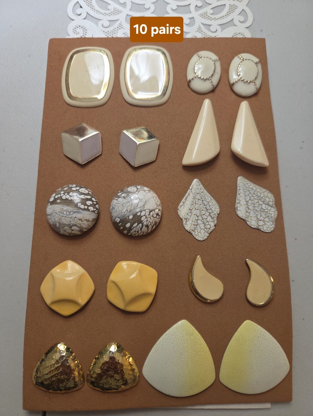 Mixed Vintage Pierced Earring Lot in Cream, Beige, Yellow & Gold - 10 Pairs